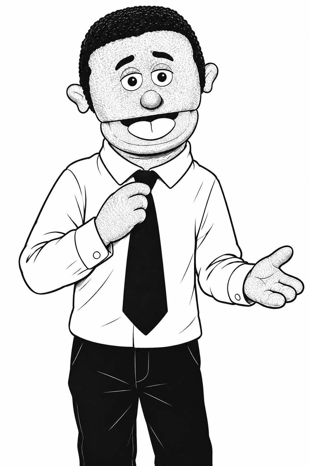 Nervous Dad, a friendly puppet lawyer in a shirt and tie, drawn in black and white.